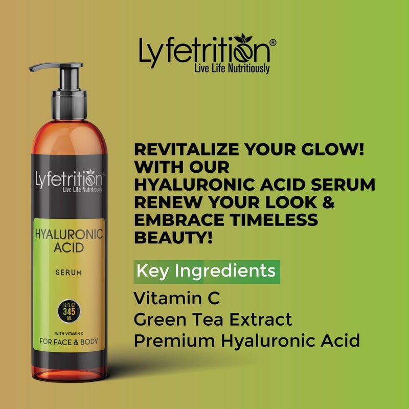 Lyfetrition Hyaluronic Acid Serum for Skin, Moisturizing and Hydrating Serum for All Types of Skin, 100% Natural Face Serum with Vitamin C & Aloe Vera (12 Fl Oz), Clear Serum, (Lyfe7581) - Image 2